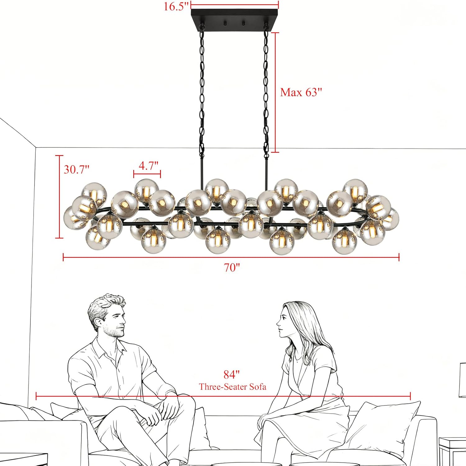 70 Inch Chandeliers for Dining Room Oval Wagon Wheel Chandelier High Ceiling Large 40-Light Smoke Gray Glass Bubble Sputnik Lighting Modern Farmhouse Extra Large Dining Room Light Fixture