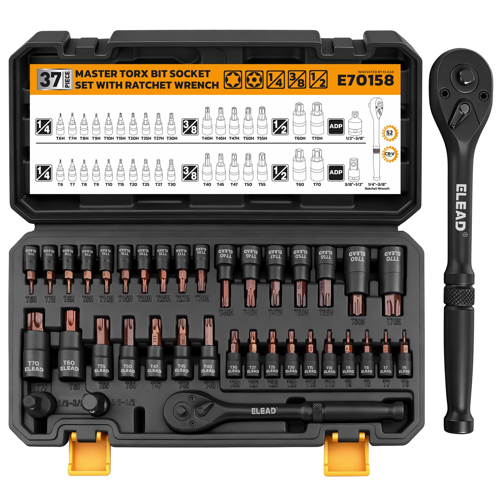 37-Piece Master Torx Bit Socket Set, 1/4", 3/8", 1/2" Drive Star &amp; Tamper Proof T6-T70, T6H-T70H, Premium CR-V &amp; S2 Alloy Steel, Ratchet Wrench, Sockets Adapter, High Torque for Automotive Mechanic