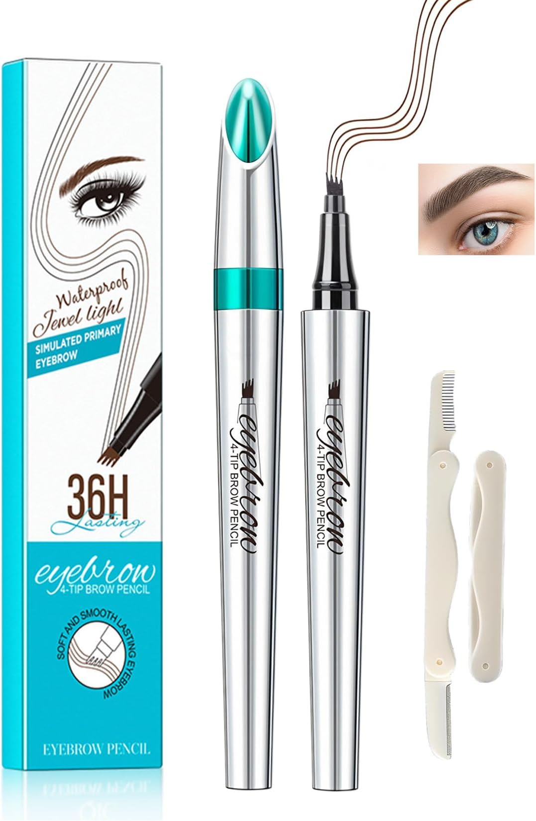 4D Microblading Eyebrow Pen with 4 Fork Tips – Waterproof, Smudge-Proof & Long-Lasting Liquid Brow Pencil for Natural Hair-Like Strokes, Includes Eyebrow Razor – Dark Brown