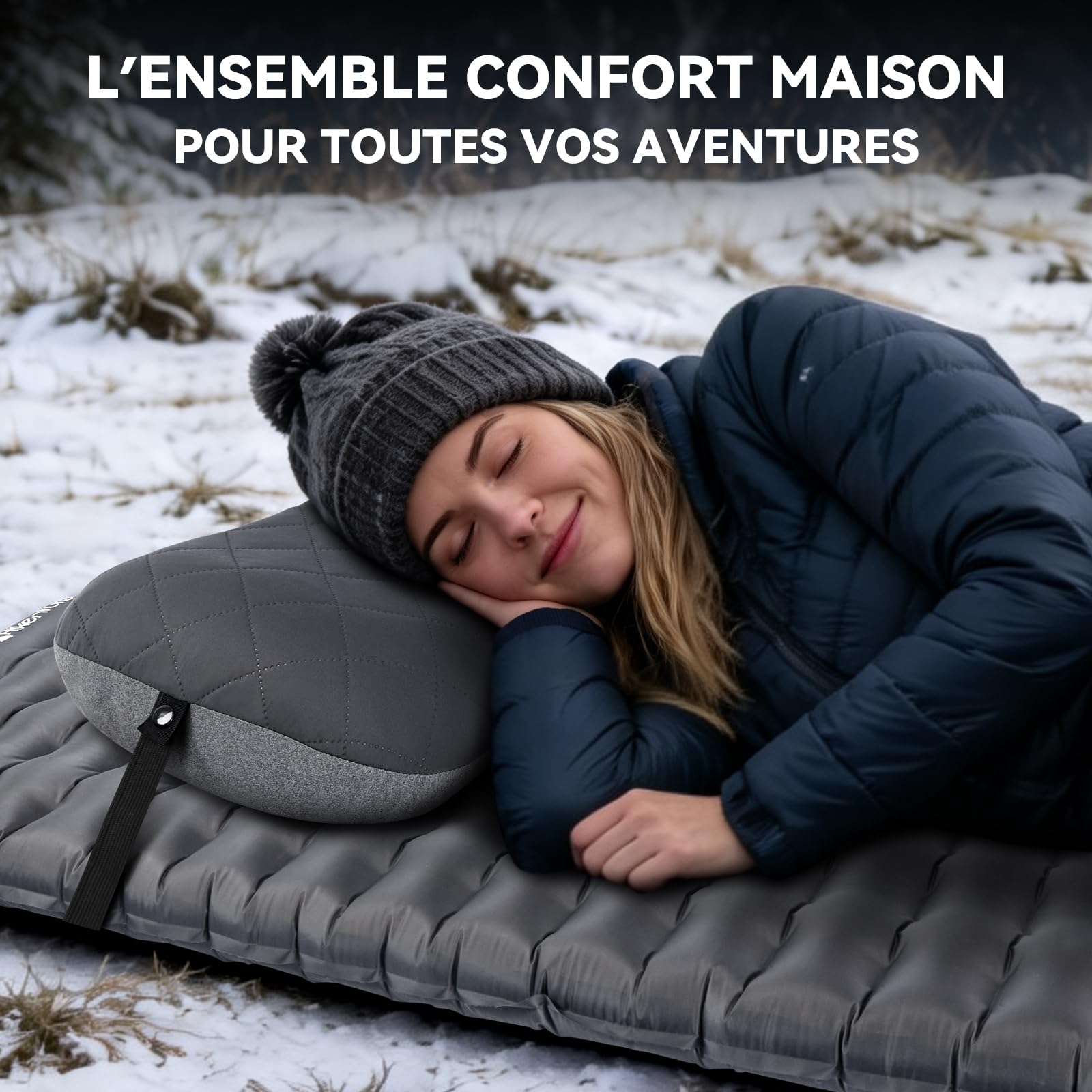HIKENTURE Pack Camping : R-Value 6,2 Matelas de Camping Gonflable 198cm + Oreiller Gonflable Voyage Gris Taie Amovible - Ultra Léger et Compact pour Trekking, Randonnée et Bivouac