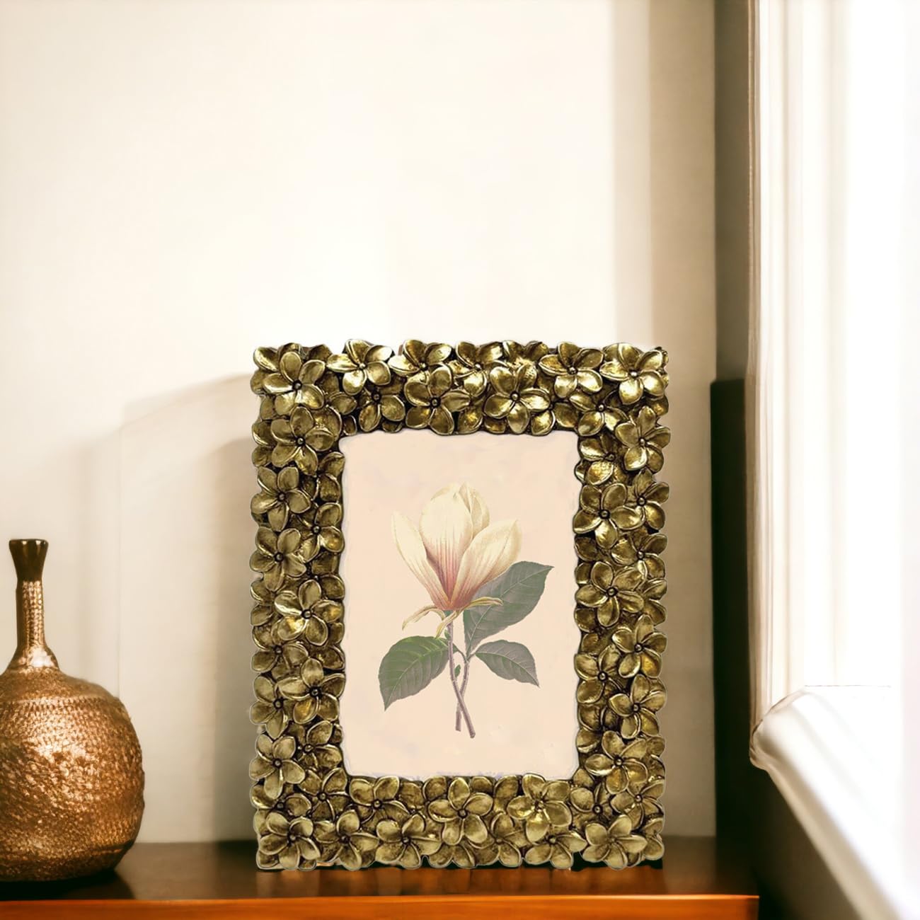 Art Street Floral Textured Hand-Crafted Resin Photo Frame For Home Decoration, Wedding Dress Display Picture Frame For Table Top Desk, Birthday, Wedding, Return Gift - Royal Gold (Size: 5x7 Inch)