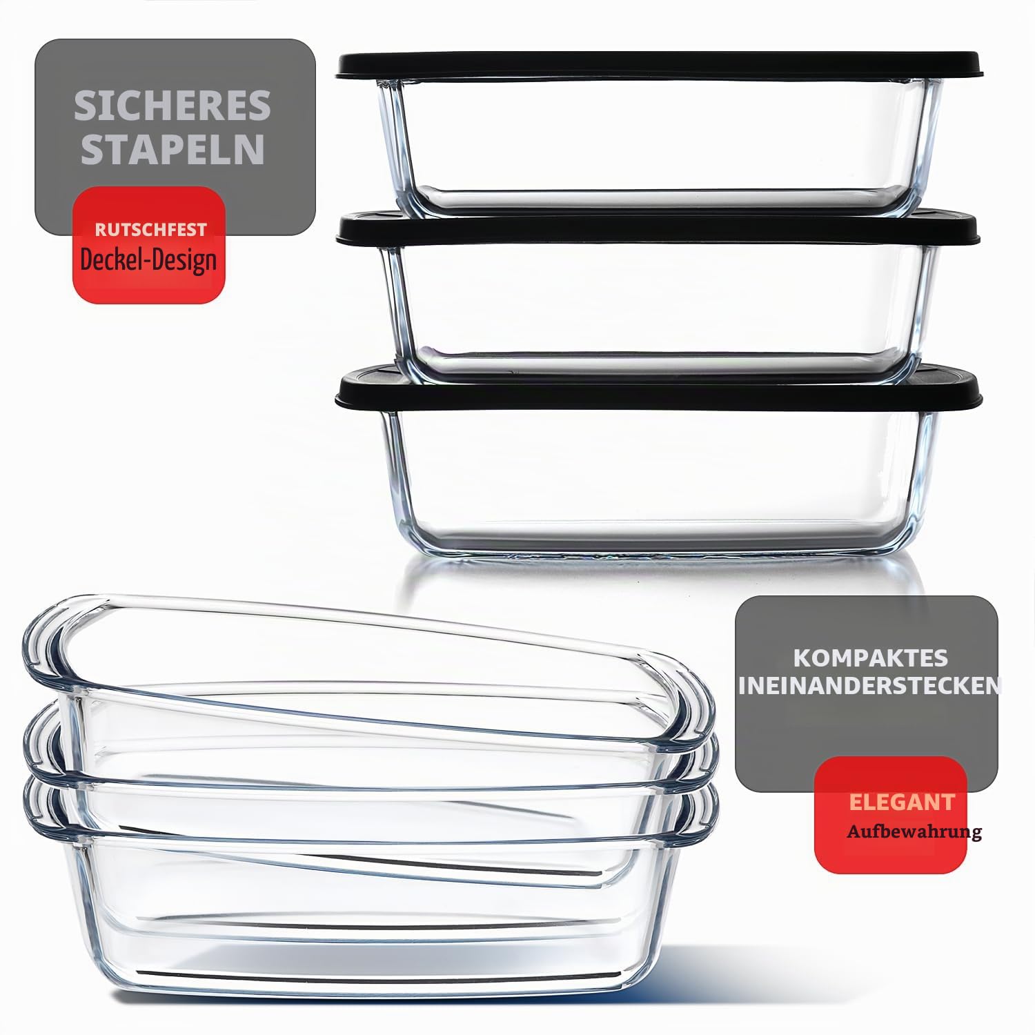 EATEX Glas-Brotpfannen für selbstgemachtes Brot, 1,9 Qt tief, rechteckig, mit Deckel, Lebensmittelbehälter, mikrowellen- und gefriergeeignet, 3 Glas-Brotbackformen, 3 luftdichte Deckel, BPA-frei