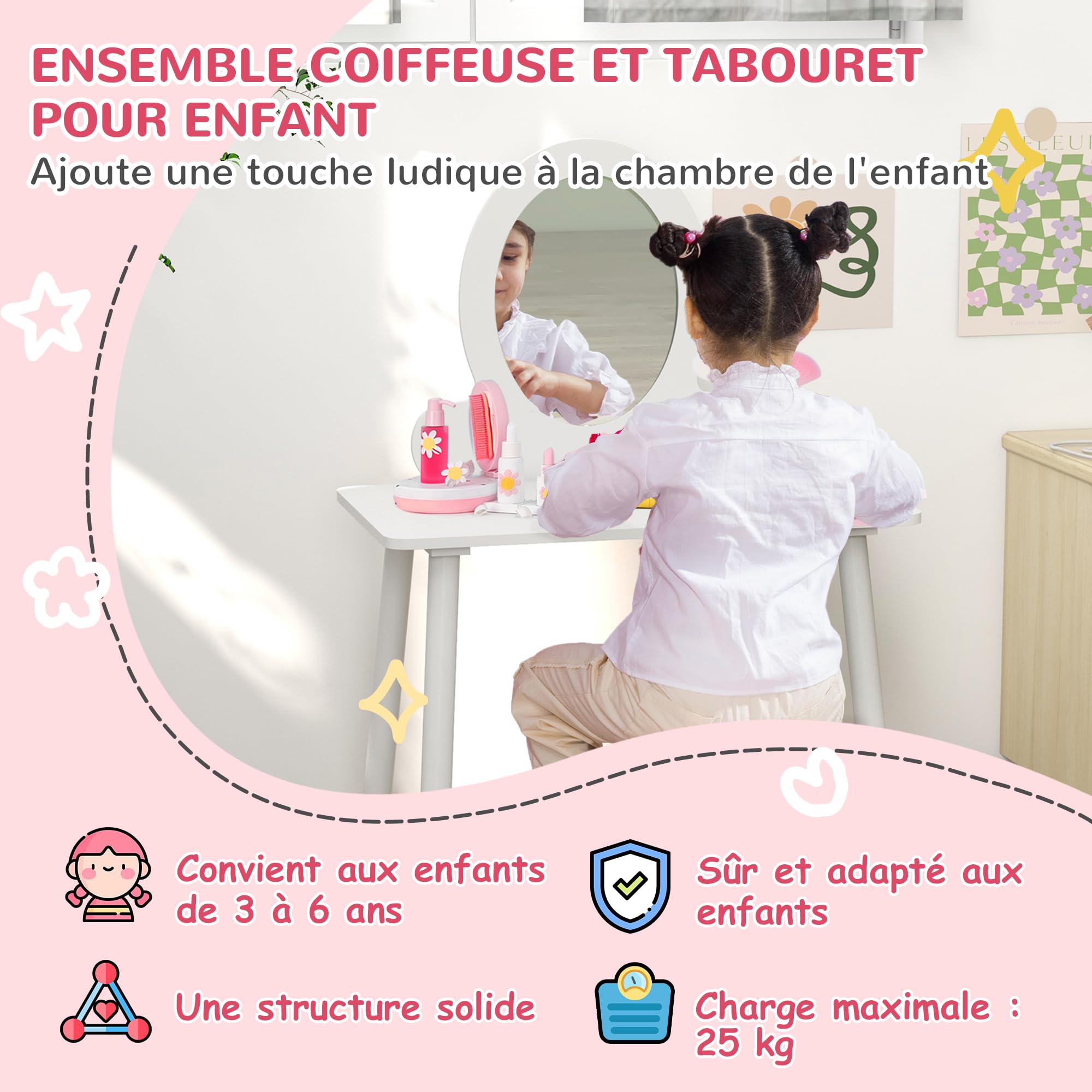 AIYAPLAY Ensemble Coiffeuse pour Enfants avec Tabouret, Coiffeuse 2 pièces pour Enfants de 3 à 6 Ans - Blanc