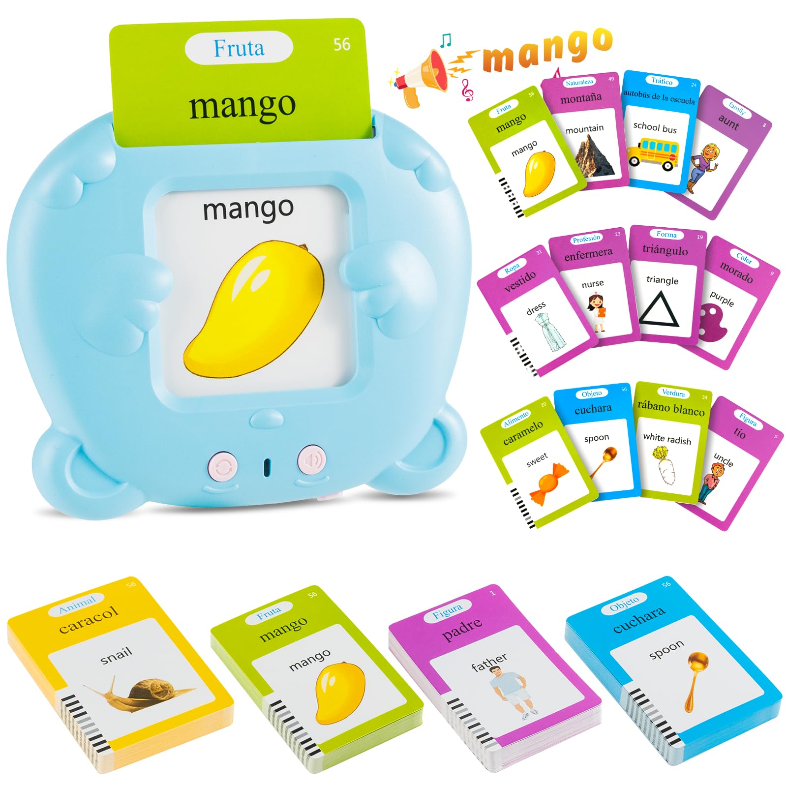 Tarjetas Flash Parlantes Juguetes de Aprendizaje para Niños Pequeños 1-6 Años, 112 Hojas 224 Español Palabras, Juguetes Educativos Audibles, Recurso Preescolar Juguete Interactivo Electrónico - Azul — view 12