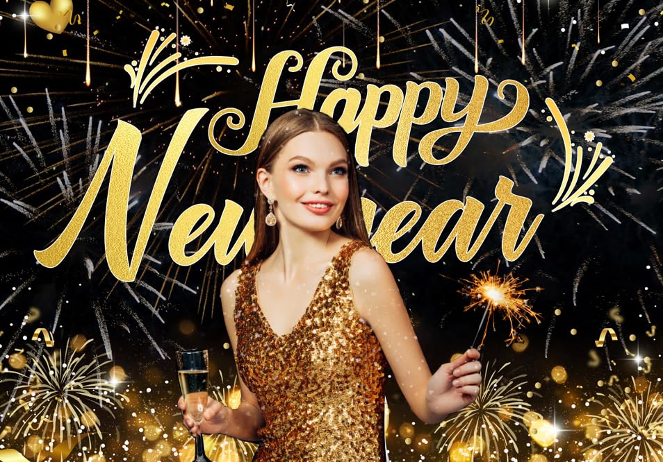 CYLYH Toile De Fond « Happy New Year » - 2,1 X 1,5 M - Fond Noir Et