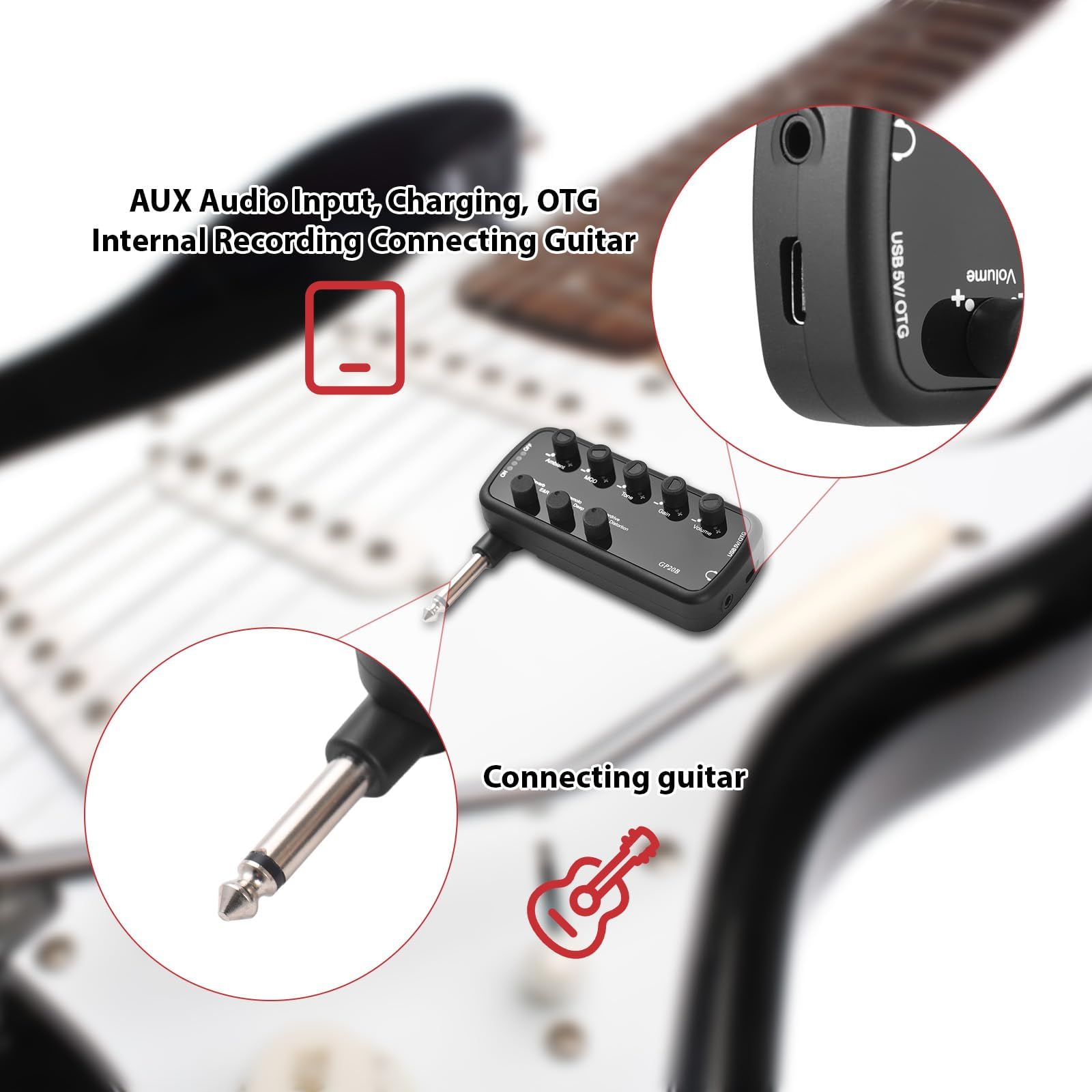 Amplificador de Bajo Portátil para Auriculares Plug and Play con 3 Simulaciones de Altavoces y OTG para Bajo Eléctrico Grabación Interna Tres Tonos