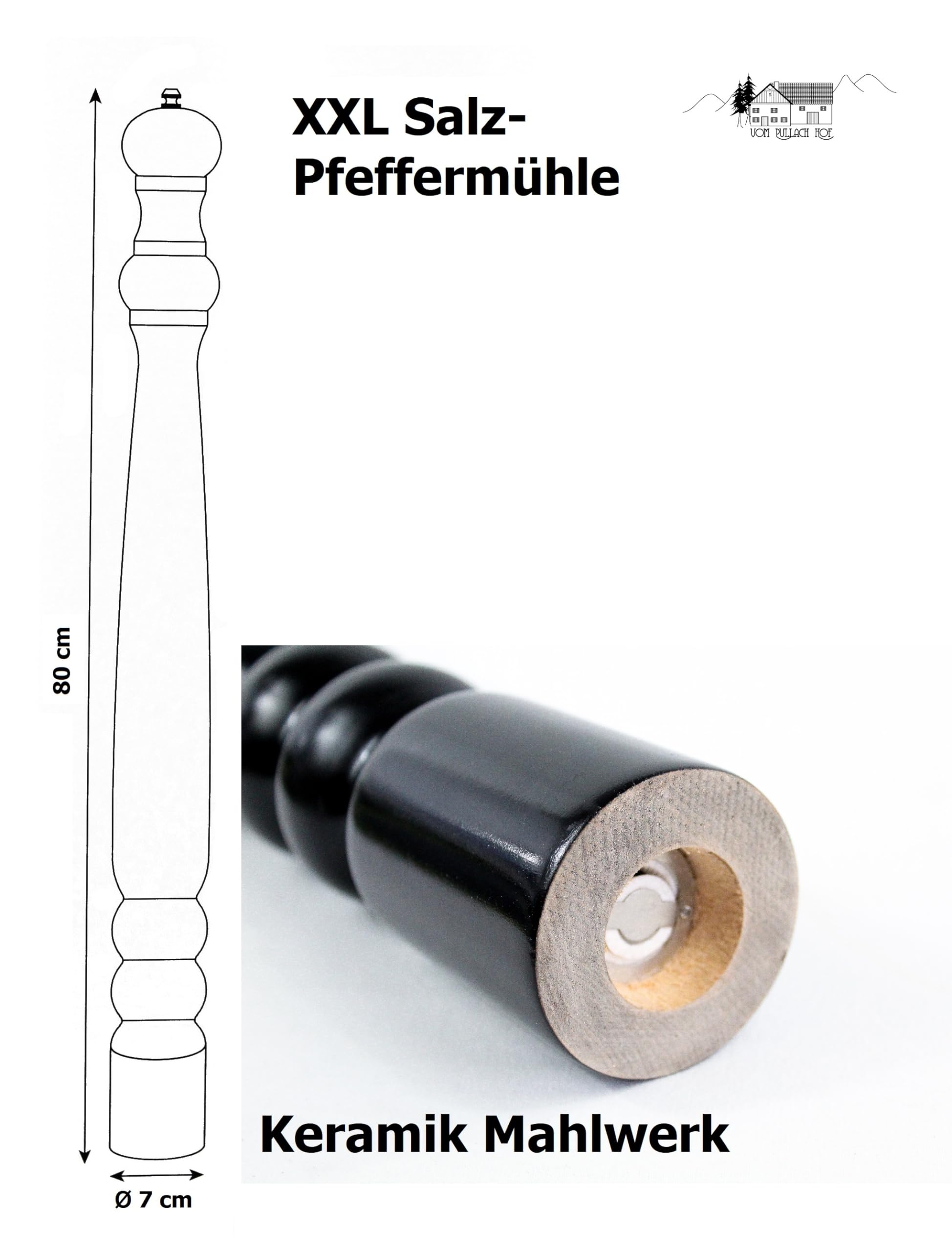 2er Set Salz-Pfeffermühlen XXL 80cm - Holz Schwarz Mit Keramikmahlwerk