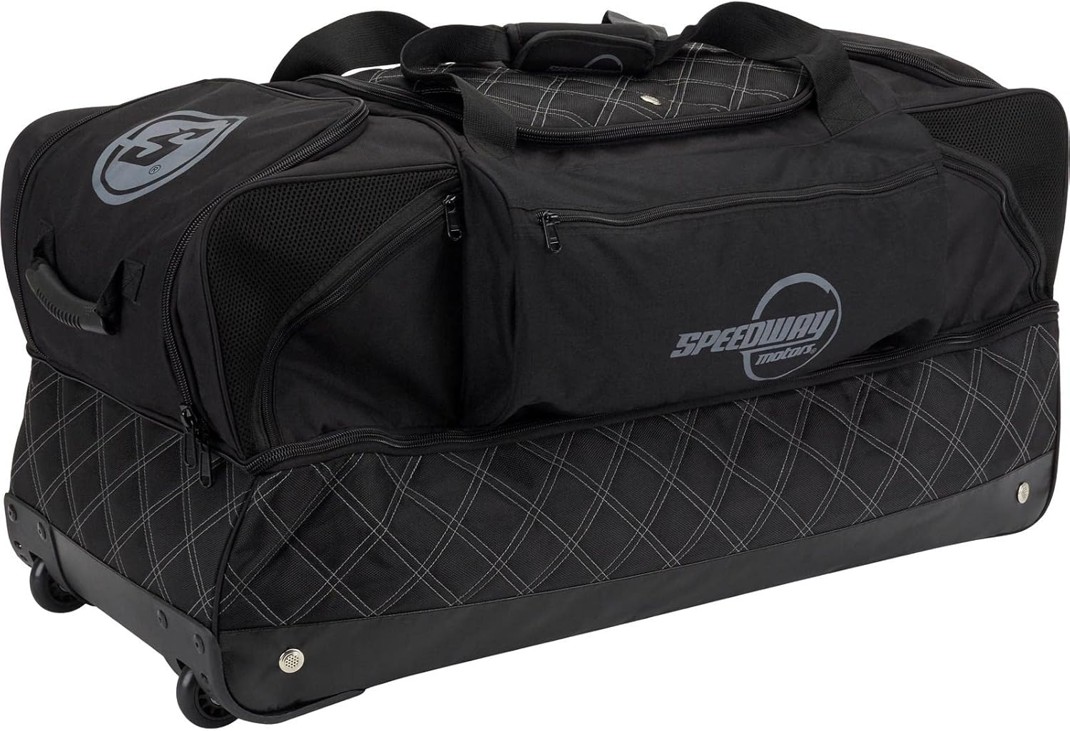 Speedway Motors Pro Roller Racing Gear Travel Bag: Large Multi-Compartment for Helmets, Suits, Shoes, 35x15x15 inches, Retractable Handle, Vented Compartments, Durable Nylon, Heavy-Duty Wheels