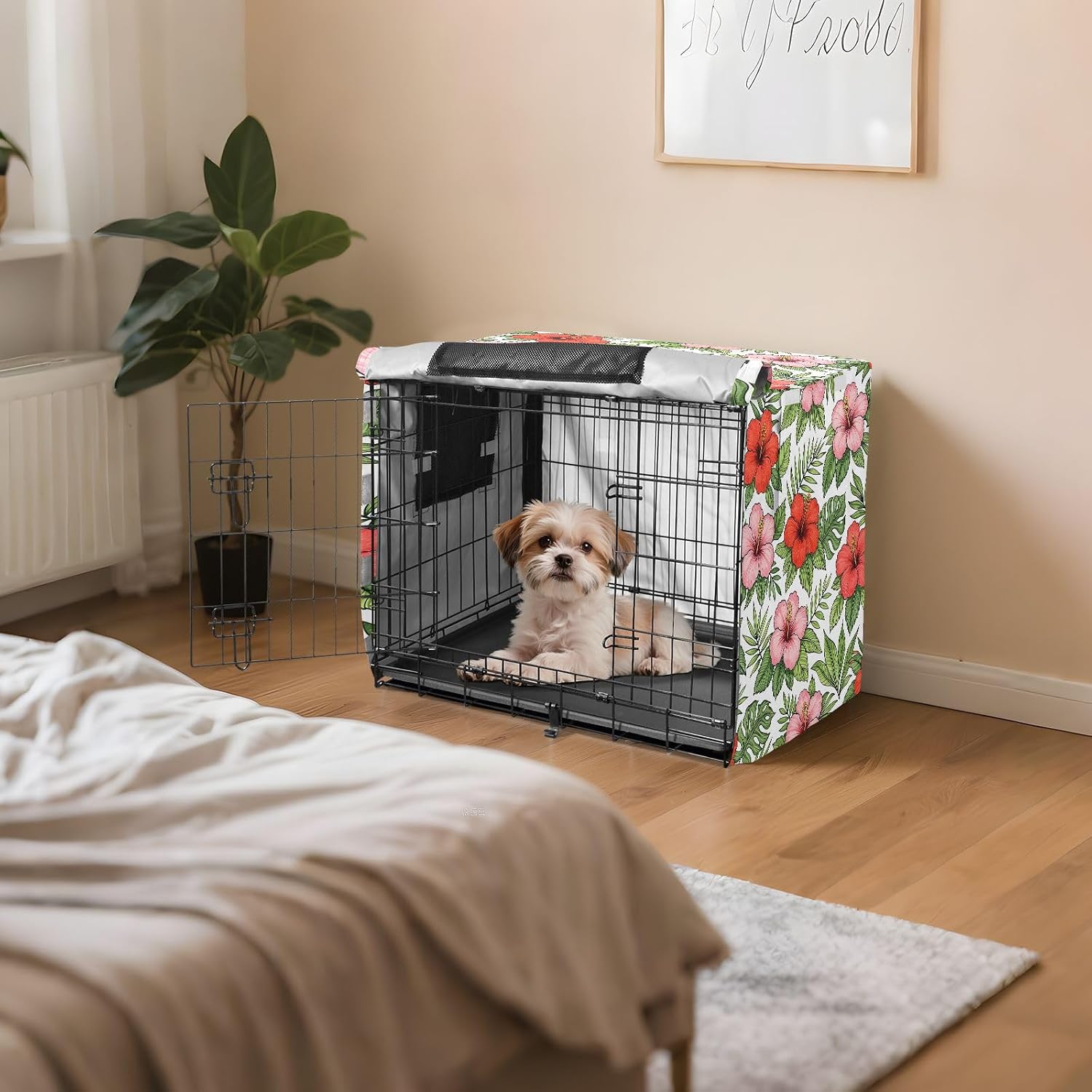 Tropical Hibiscus Flower Dog Crate Cover 600D Oxford Pet Kennel Cover with Mesh Window for Dog Cages, Windproof Waterproof Machine Washable, 48"x30"x33"
