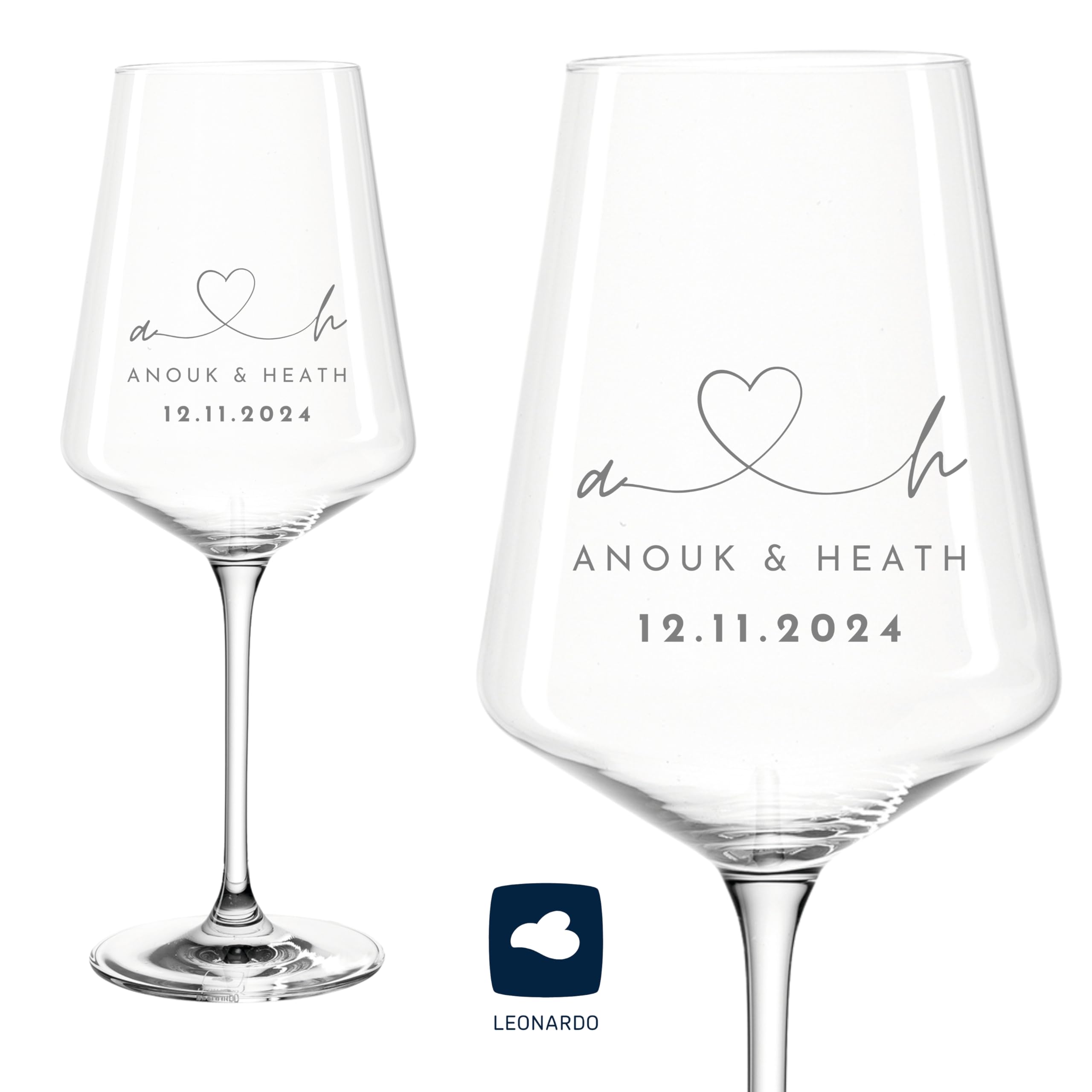 VILLA ROSA LOTTA - Personalisierte Leonardo Weingläser in gravierter Holzkiste - Hochzeitsgeschenk für Brautpaar, Geschenk zur Hochzeit, Verlobung - Name, Datum, Spruch 750 ml (Gläser + Kiste)