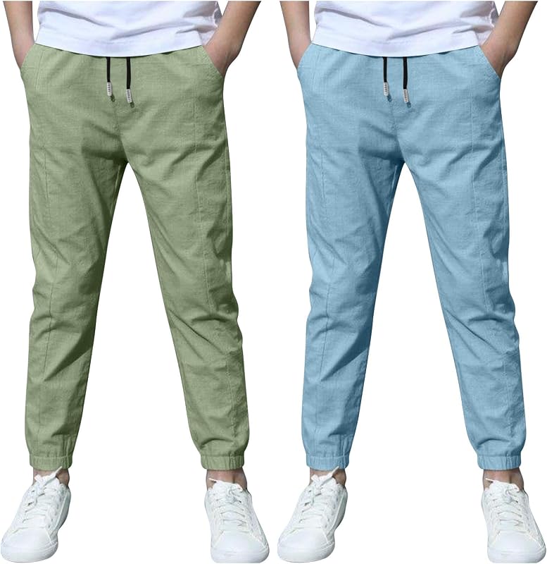 2er Pack Jogginghose Jungen Leinenhose Baumwolle Leinen Sporthose Anti-Moskito Sommerhose Atmungsaktiv Outdoorhose Leichte Freizeithose Elastische Taille Sweathose Sweatpants