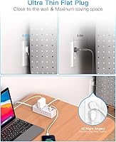 Vista 2 de Regleta de alimentación de enchufe plano, cable de extensión plano ultrafino de 10 pies con múltiples tomas, 6 tomas, 3 puertos USB (1 USB C)