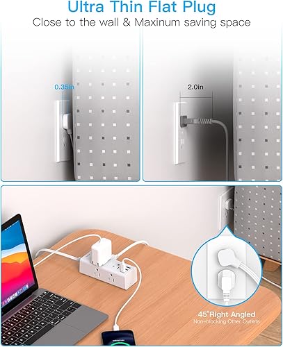 Miniatura 6 de Cable de extensión de 10 pies con múltiples tomas, regleta de alimentación de enchufe plano con cable de 10 pies de largo, 6 tomas de corriente, 3