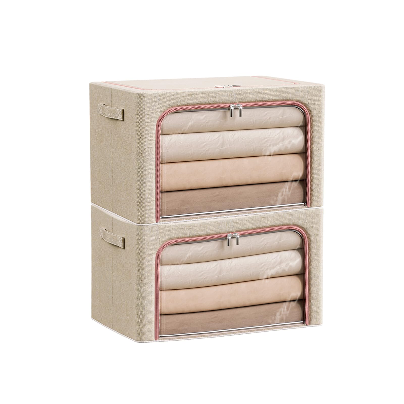 Douzi 2 Pack Clothes Storage Boxes Closet Organizers and Storage, Foldable Cloth Steel Frame Box for Storing Bedding,Blankets-Khaki-22L