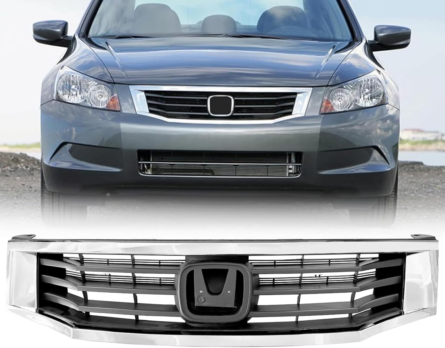 Front Grill Compatible For Honda Accord Grille 2008 2009 2010 Black with Chrome Molding Bumper Upper Grill