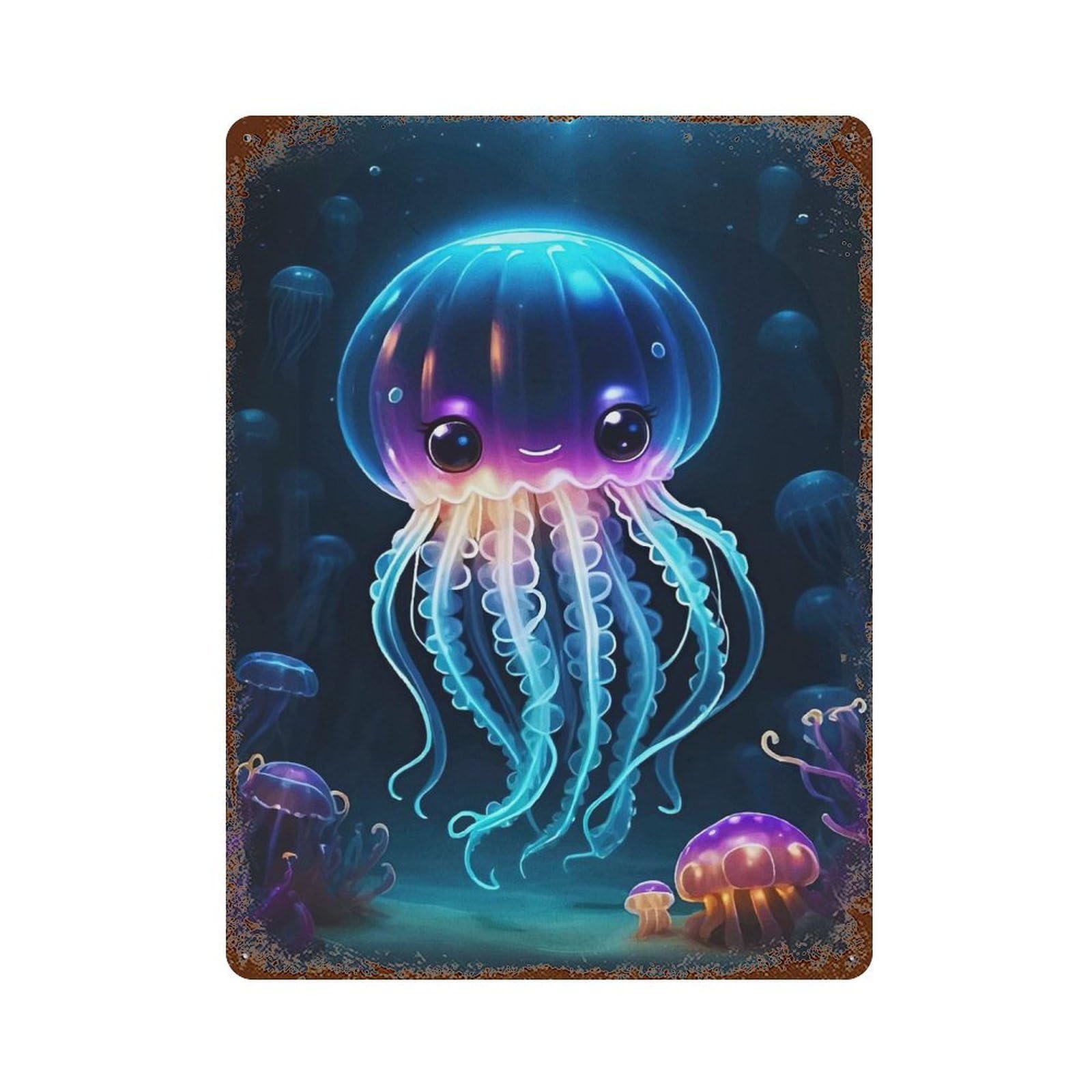 Distressed Metal Wall Sign Cute Jellyfish Deep Sea 15.7"x11.8", Retro Wall Decor for Basement, Hobby Room And Garage Decor