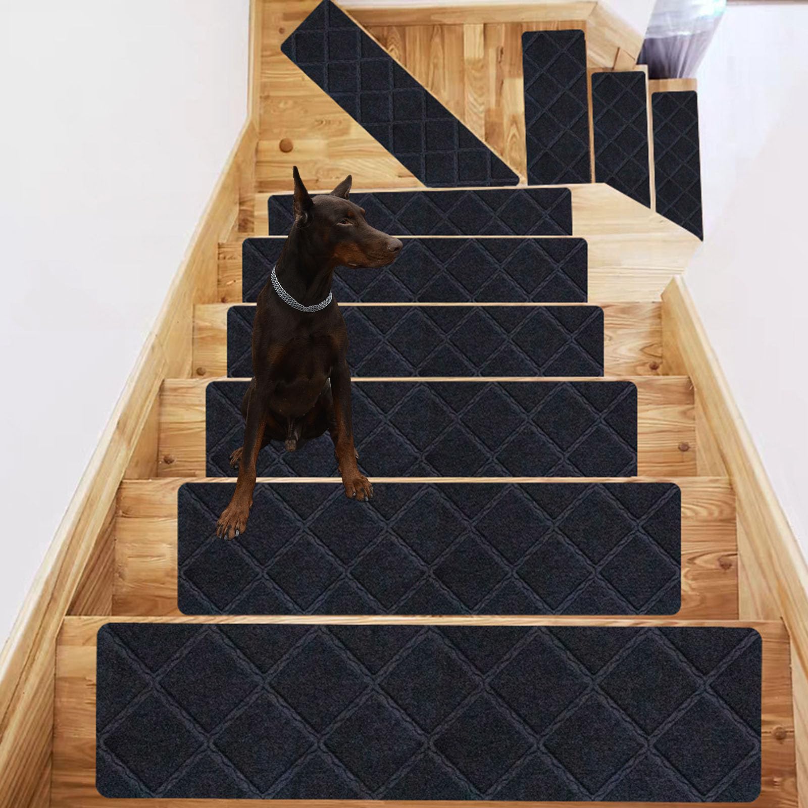 TYYCKJ Carpet Stair Treads Self Adhesive, Non-Slip Carpet Stair Runner Carpet Stairs Mats Removable Reused for Kids Elders and Pets (15pc,Black)