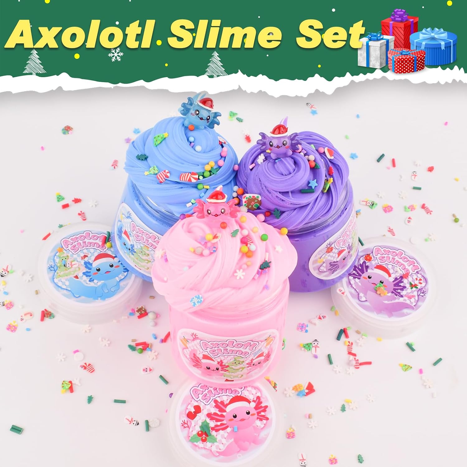 3 Pack Christmas Butter Slime Kit, Scented Axolotl Slime with Pink, Blue, Purple Axolotl Charms, Soft, Non-Sticky, Goodies Bag Toy for Christmas Party Favors