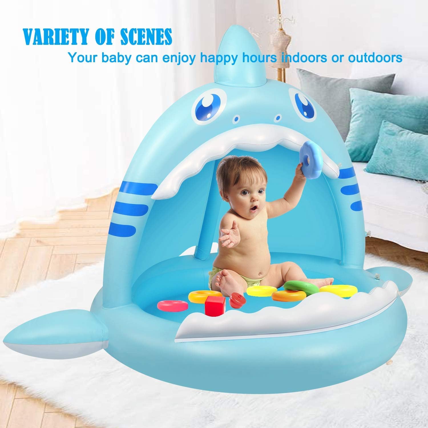 Piscine pour Bébé, Pataugeoire Gonflable Requin pour Jeunes Enfants avec Jet d'eau et Auvent, Aire de Jeux pour Intérieur Extérieur Tente Piscine Pliable Bebe