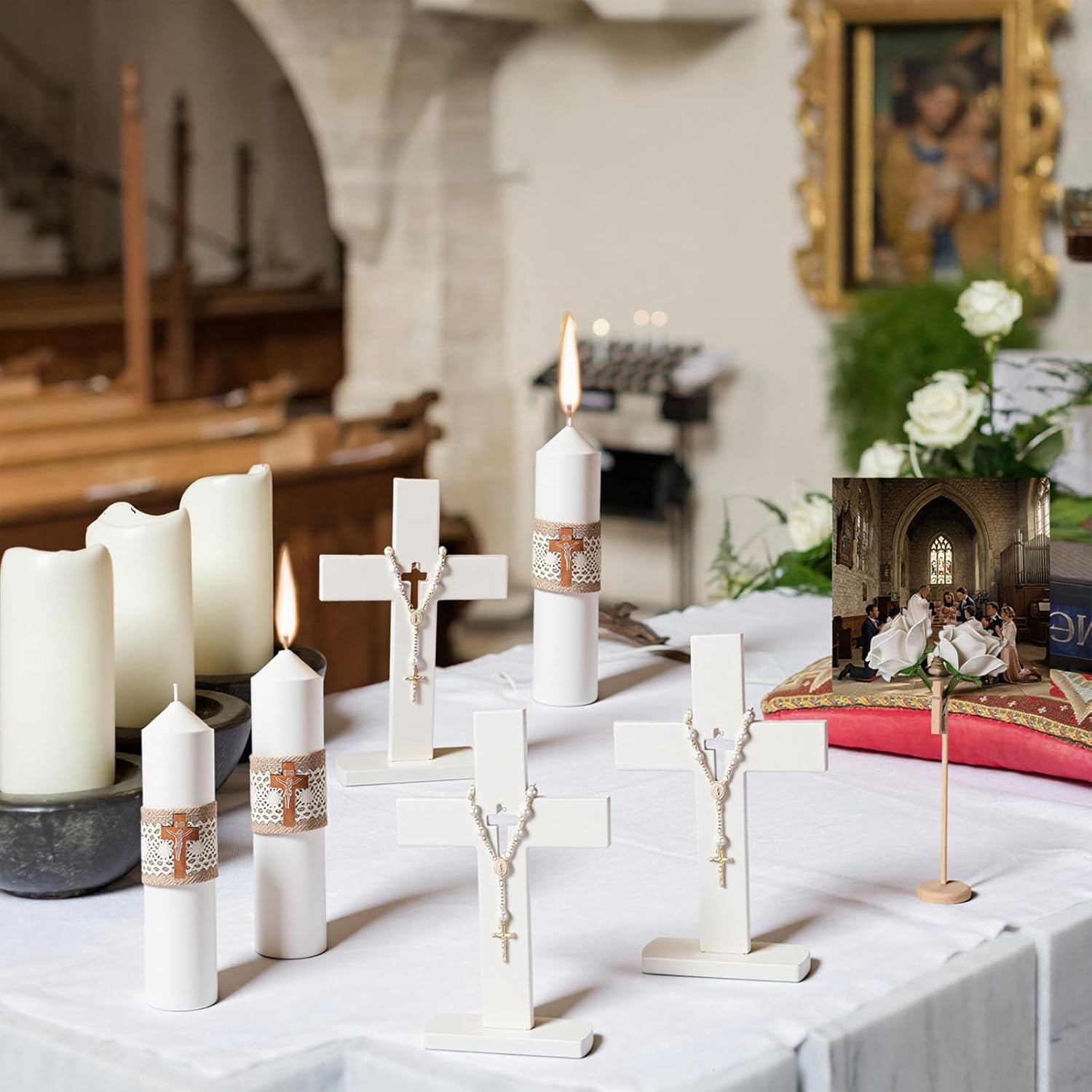 Liliaafar 4 Sets Cross Table Decor Baptism Centerpieces Sets Confirmation Candle Standing Cross with Jhs Candles First Communion Table Decor for Wedding Baby Shower Christening Church