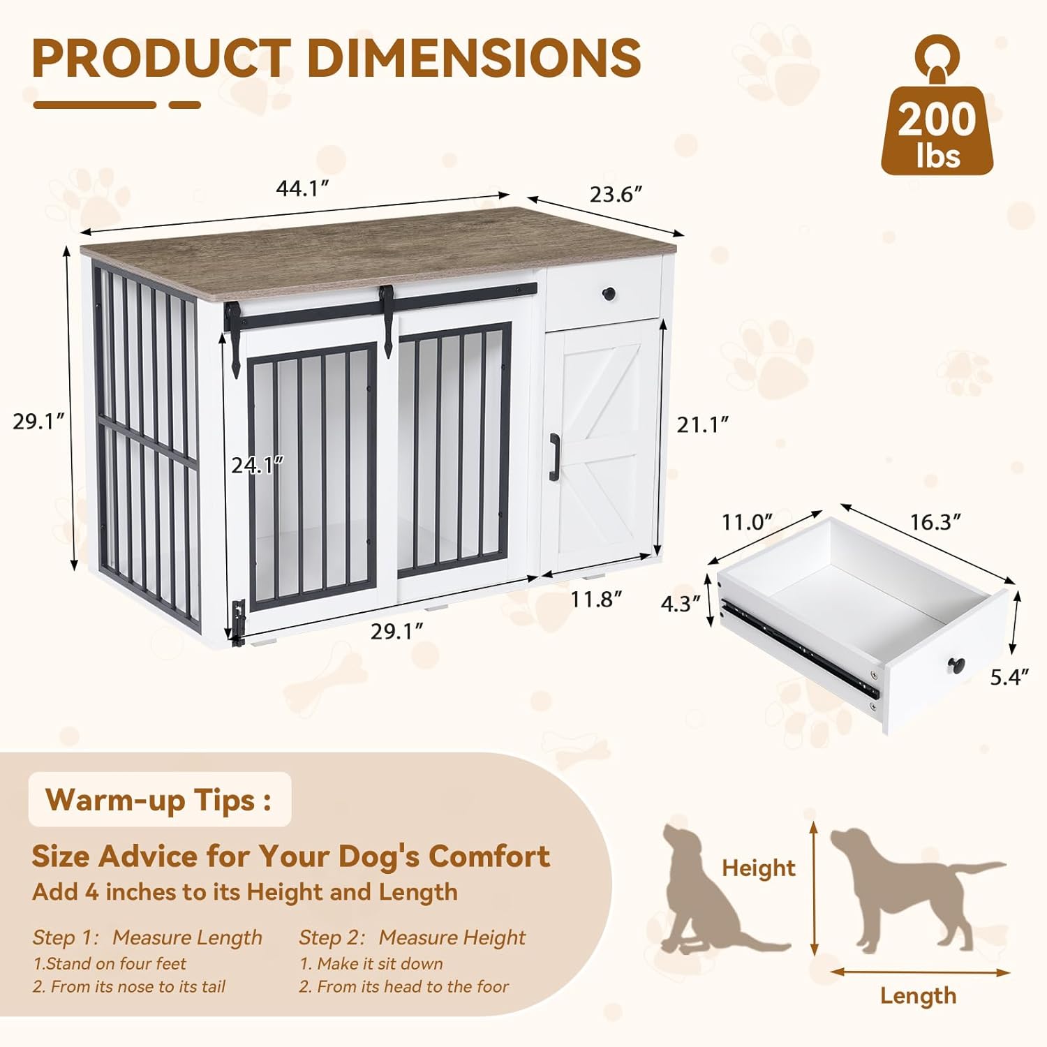 Verano Garden 44" Dog Crate Furniture, 2-in-1 Furniture-Style Heavy Duty Dog Kennel Indoor w/Sliding Door & Removable Divider, Farmhouse Dog Crate for Small Medium Dogs, White (44" Right Facing Door)