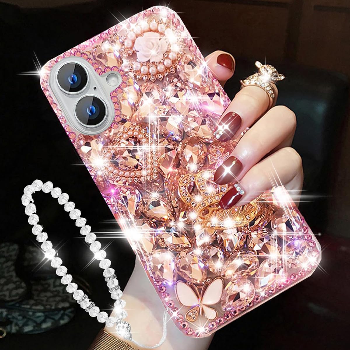 Changjia for iPhone 16 Glitter Bling Case,Cute Luxury 3D Sparkle Crown Crystal Rhinestone Diamond Stunning Gemstones Pearl with Lanyard Wrist Strap