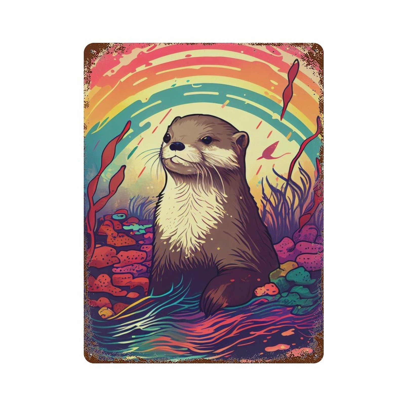 Rusty Metal Tin Sign with Otter Rainbow Design 15.7"x11.8", for Shed, Workshop And Garage Wall Decor, Classic Wall Plaque