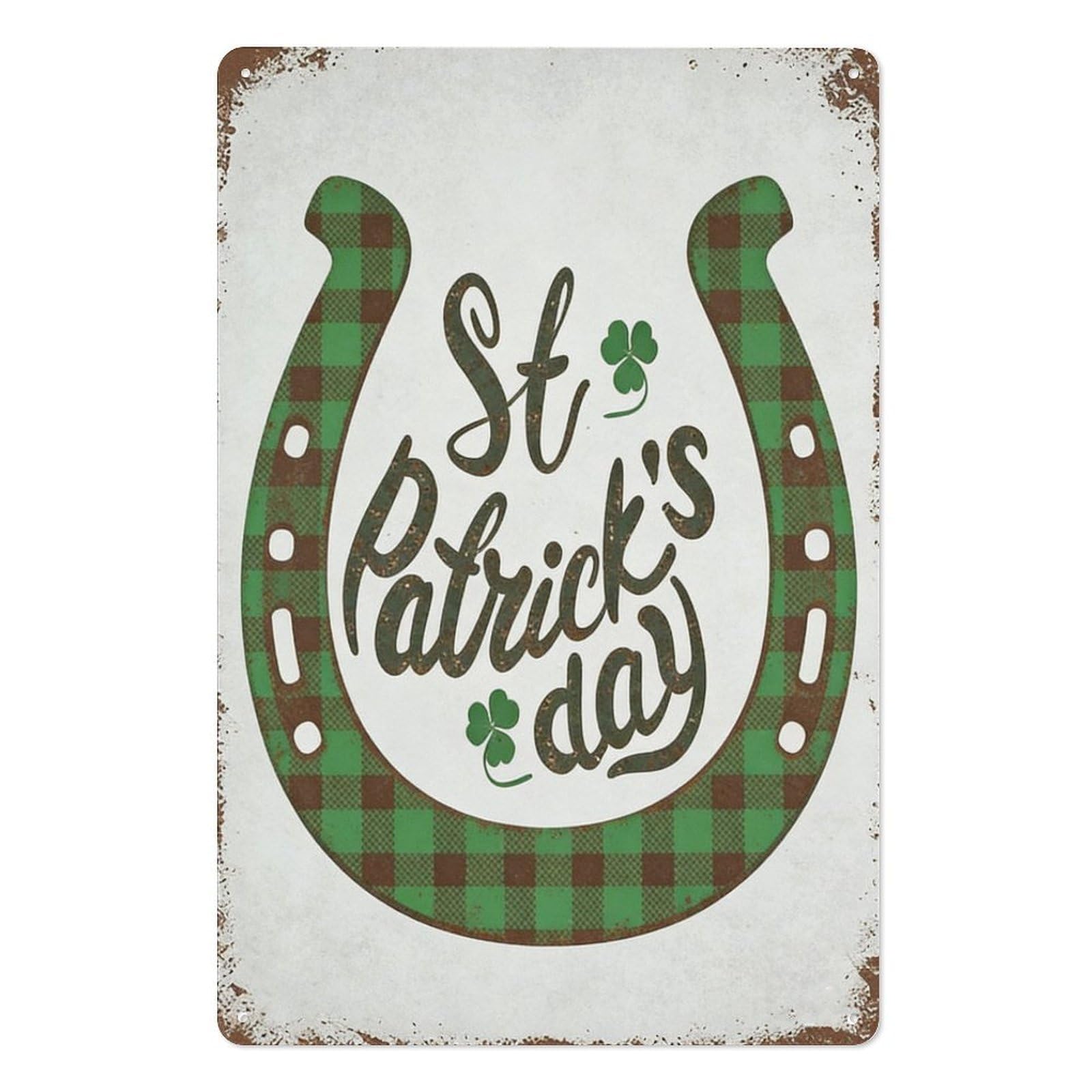 peiyeety St Patrick’s Day Metal Tin Sign 8x12 Inch, Green Plaid Horseshoe Clover Accents Vintage Pub Bar Wall Decor Plaque, Irish Holiday Wall Art