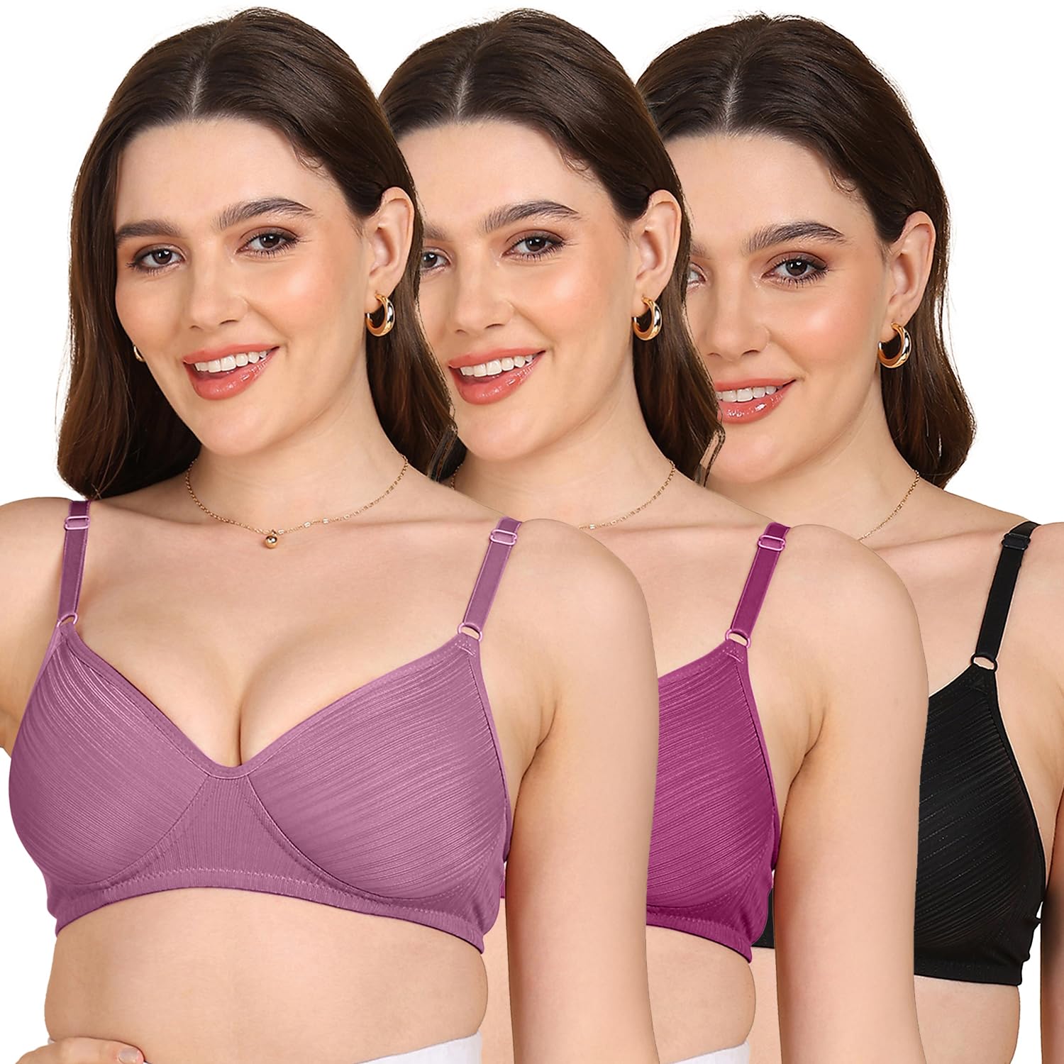 komli Lightly Padded Stripe-Print Full Coverage Bra | Non-Wired | Everyday Comfort | Regular Back (Pack of 3)-picture-27