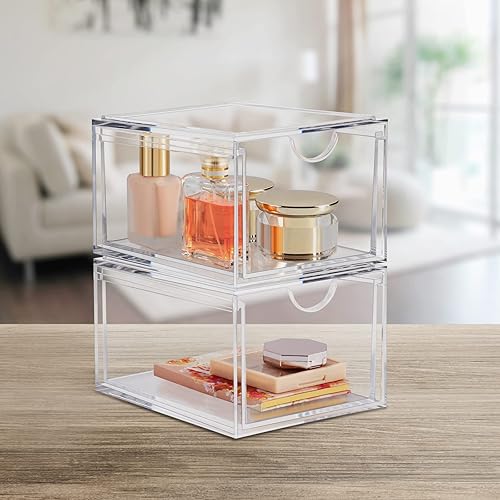 Miniatura 5 de Boxalls Paquete de 2 cajones de almacenamiento apilables de acrílico, organizador de maquillaje, 20% más grueso, transparente, organizadores de baño