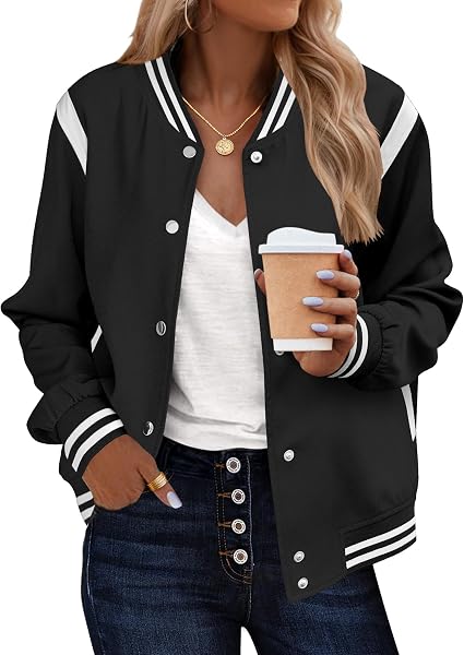 Zeagoo Bomber Jacket Women Varsity Casual Button Down Outfits with Pockets