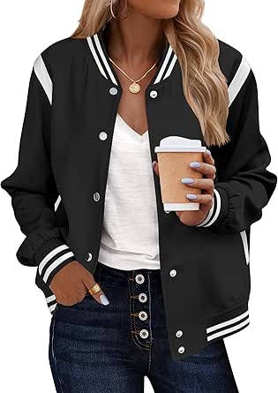Zeagoo Bomber Jacket Women Varsity Casual Button-Down Outfits with Pockets