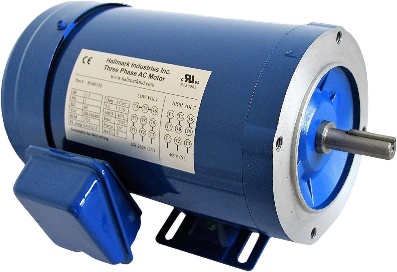Hallmark Industries MA0520E AC Motor, 2 hp, 1725 RPM, 3PH/60 hz, 208-230/460V AC, 56C/TEFC, with Foot, SF 1.15, Insul F, Inverter Duty, Steel (Pack of 1)