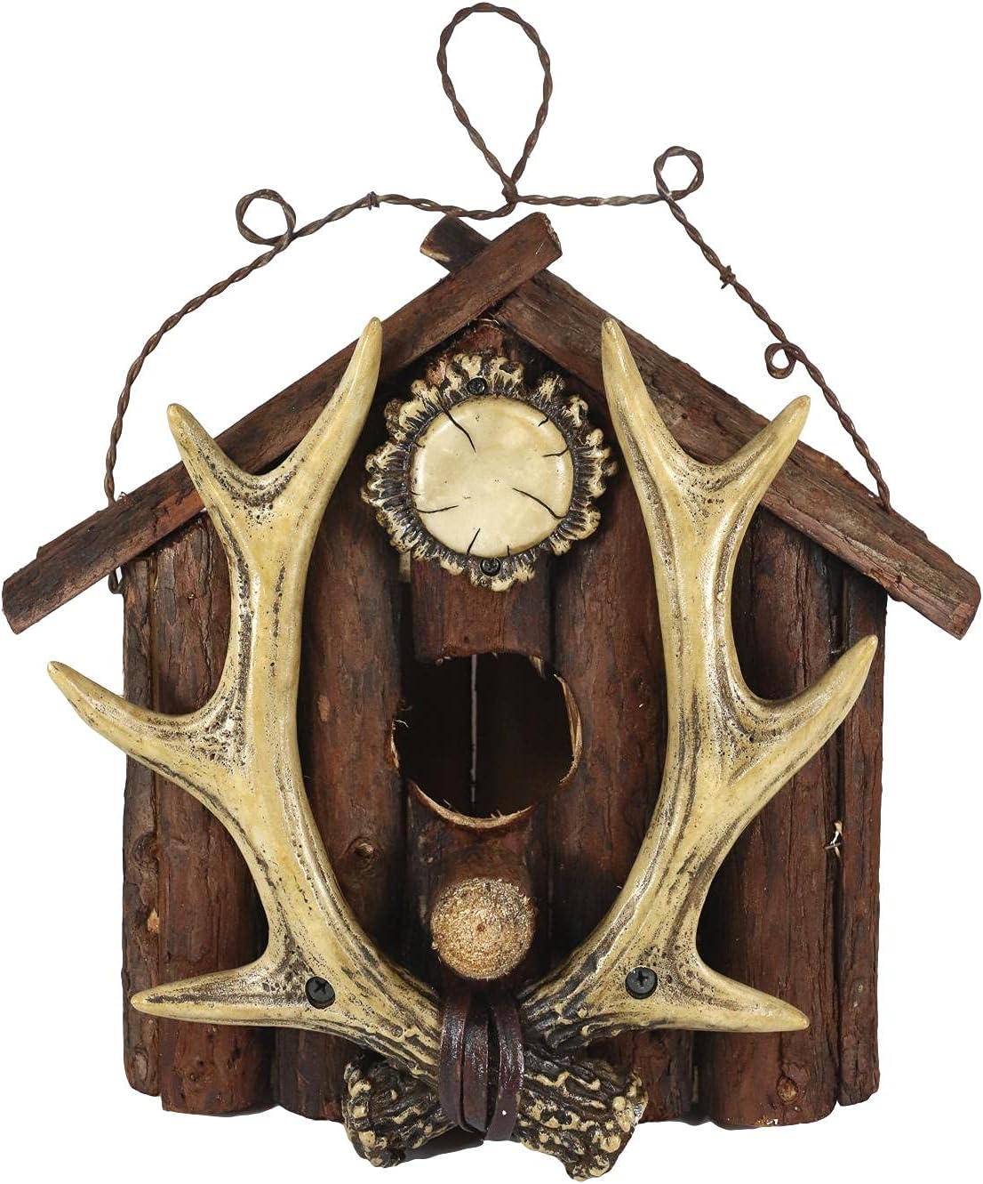 Ebros Wildlife Rustic Stag Antlers On Cabin Log House Birdhouse Bird Feeder Platform with Wire Hanger Cottage Cabin Lodge Decorative Figurine Patio Garden Tree Hanging Sculpture