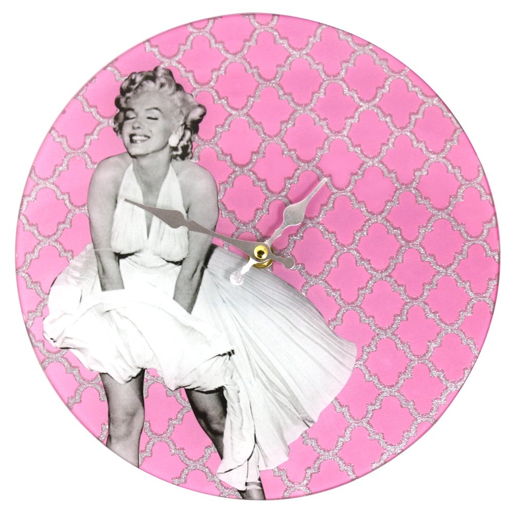 Marilyn Monroe White Dress Glitter Quatrefoil Glass Clock, 10-Inch, Pink