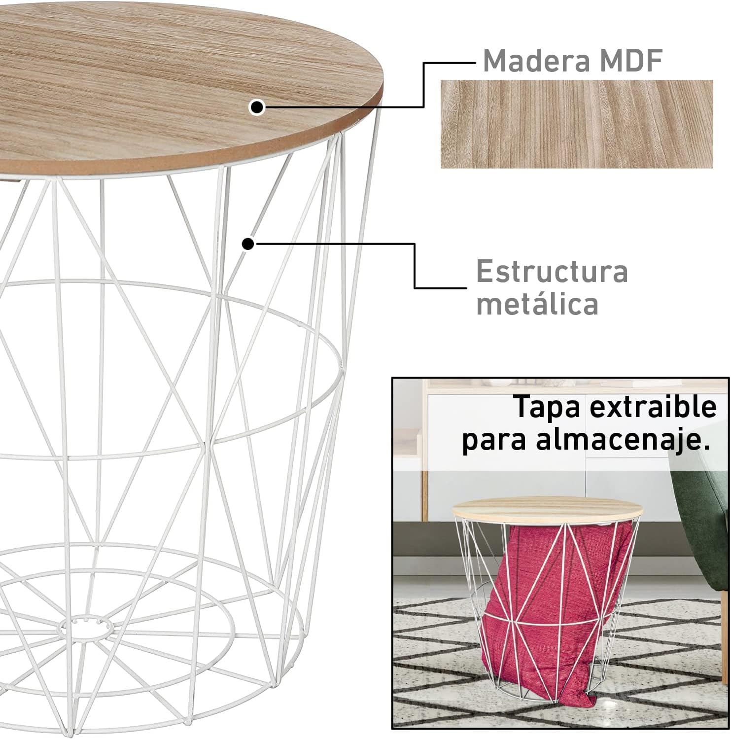 TIENDA EURASIA - Mesas Auxiliares para Salon | Set 2 Mesas Redondas de Centro | Estructura Metálica de Rejilla y Tapa de Madera MDF | Medida 41 x 40 cm (2 x Blancas)