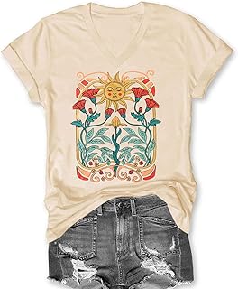 MQSVPUT Women's T-Shirts V-Neck Boho Flowers Wildflowers Tee Cute Summer Graphic Shirts Short Sleeve T Shirt