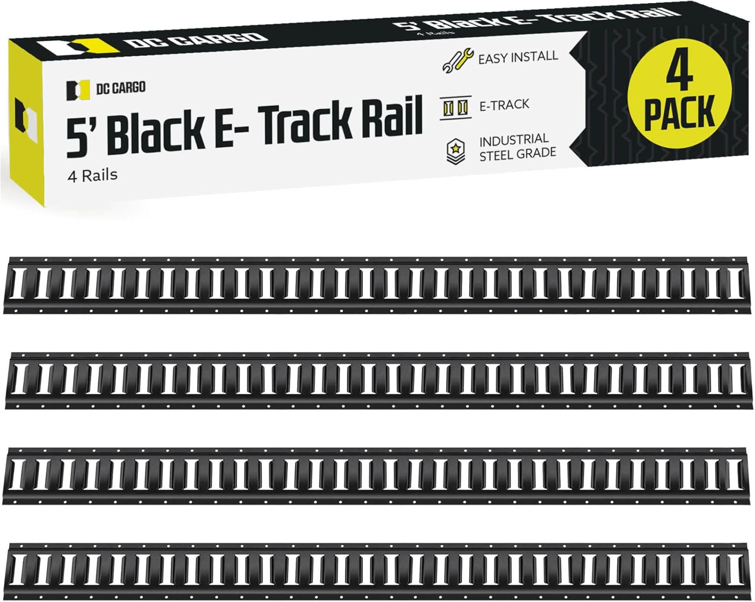 four 5' e-track tie-down rail, powder-coated steel e-track tie-downs | 5' horizontal e-tracks, pack of 4 bolt-on tie down rails for cargo on pickups, trucks, trailers, vans 4-pack powder coated black