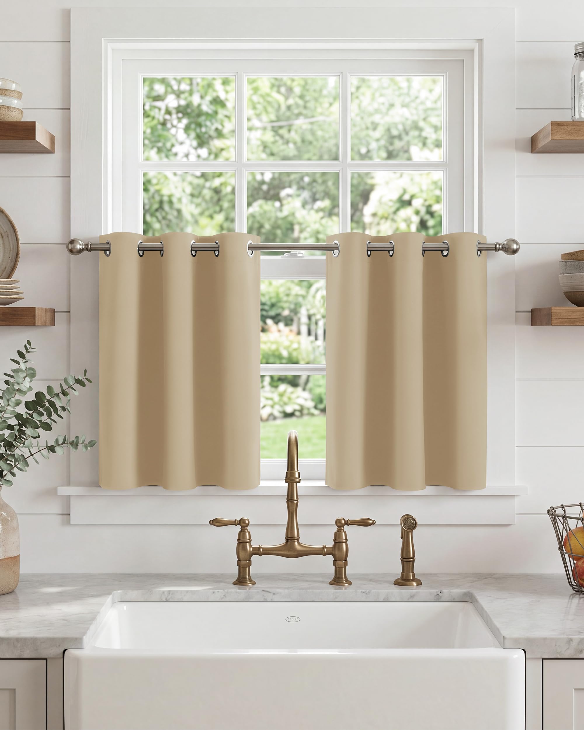 PONY DANCE Short Eyelet Blackout Curtains Biscotti Beige, Thermal Insulated Room Darkening Drapes for Kitchen & Dining, Essential Energy Saving Privacy, 2 Panels W29 xL36