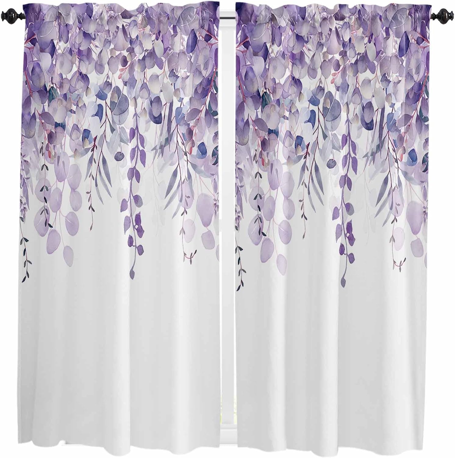 Purple Eucalyptus,Romantic Elegant Flower Leaves Herbs Kitchen Curtain 45 Inch Length Small Short Cafe Tiers Curtains Drape, 2 Panels Window Treatment Rod Pocket Drapery Panels Curtains, 84x45