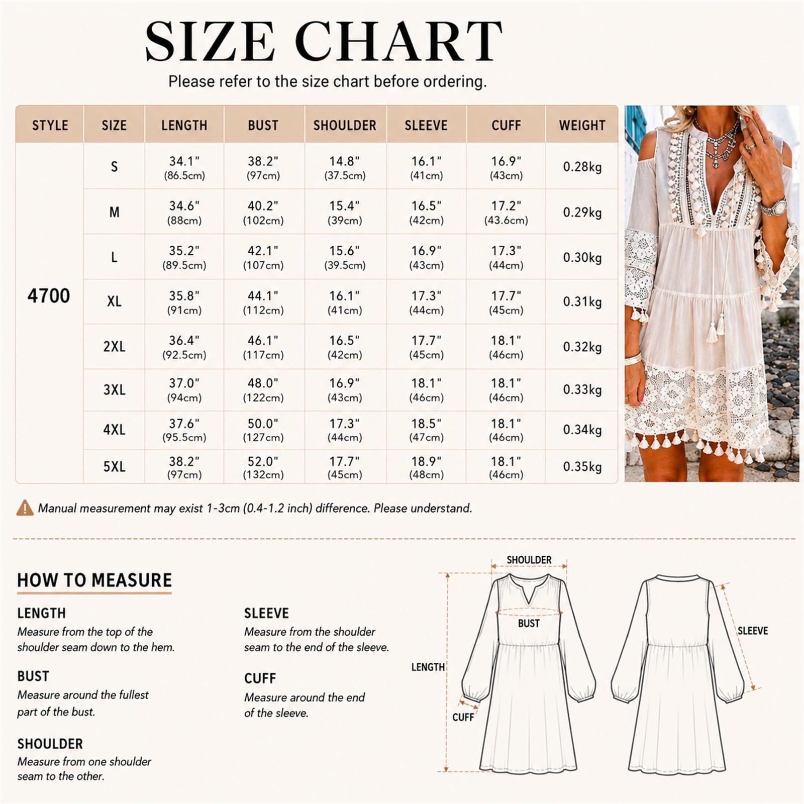 Abito Boho da Donna con Spalle Scoperte e Dettagli Traforati, Maniche a 3/4 con Nappine e vestibilità Ampia, Stile Bohémien, Perfetto per la Spiaggia e Le Vacanze