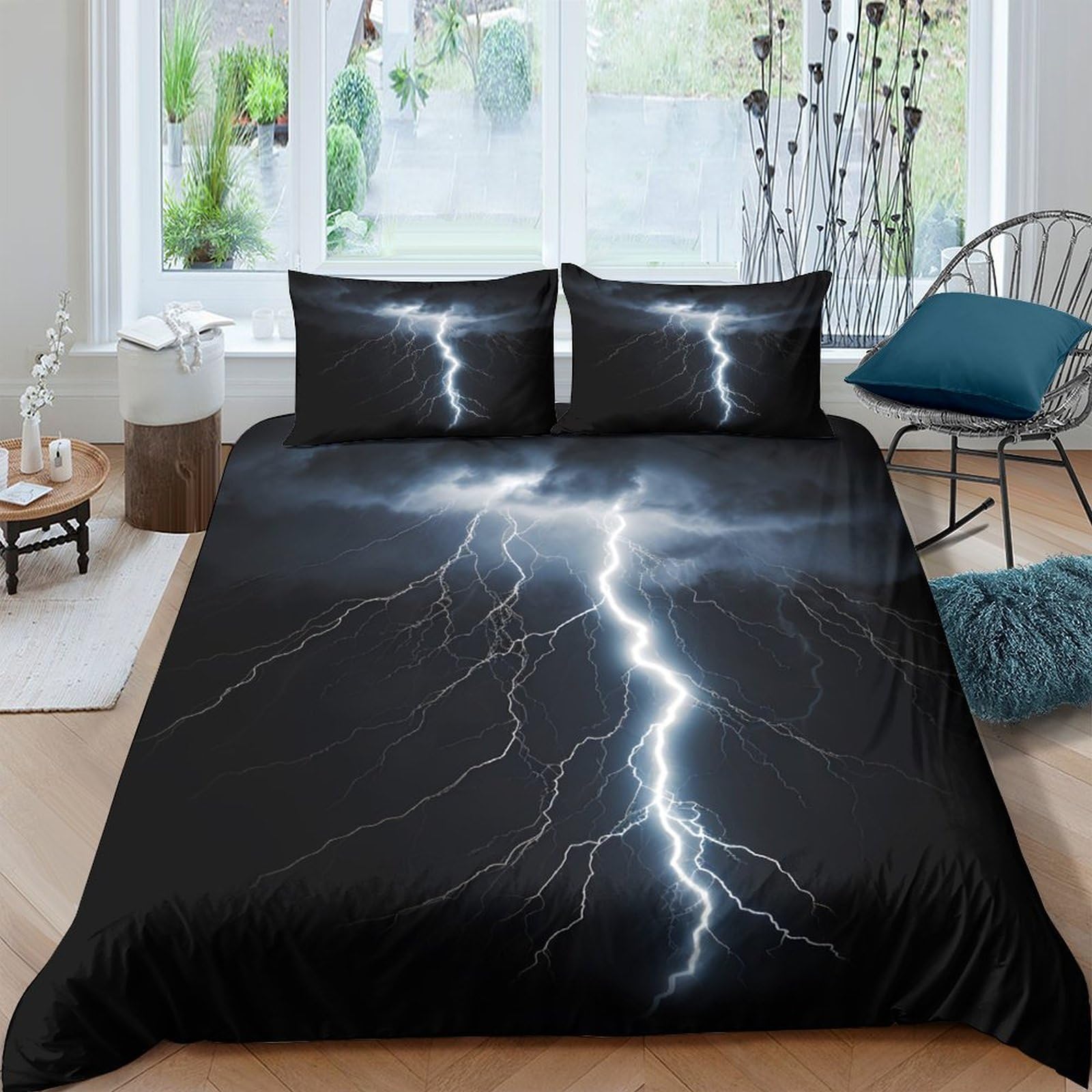 Ctjqhvkz Style-1 3D Printed Lightning Night Fitted Sheet Microfiber Black Thunderstorm Bed Cover For Bedroom Dorm Mattress Decor Single（135X200cm）