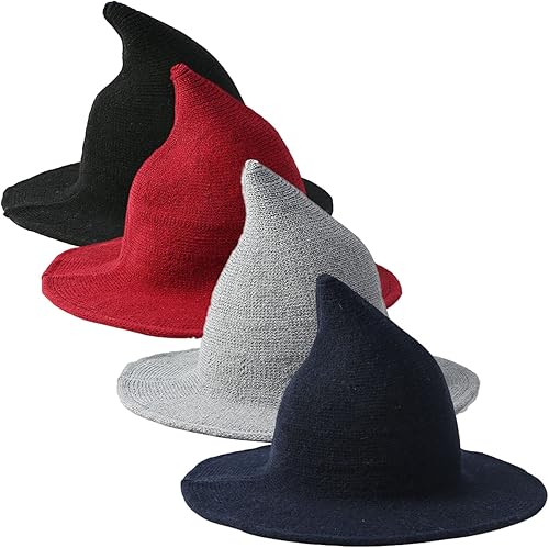 Qianmome Paquete de 1, 2 y 4 sombreros de bruja de Halloween para mujer, de ala ancha, plegable, puntiagudo, accesorio para disfraz de fiesta de