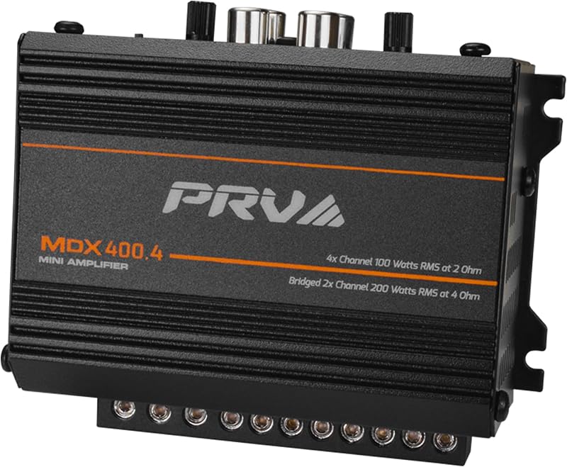 PRV Audio MDX400.4 Mini amplificador de audio para automóvil de 2 ohmios y 4 canales, 4 x 100 vatios RMS a 2 ohmios, estéreo compacto de 400 x 4 amperios, 400 vatios RMS, 2 canales puenteables, rango completo multicanal