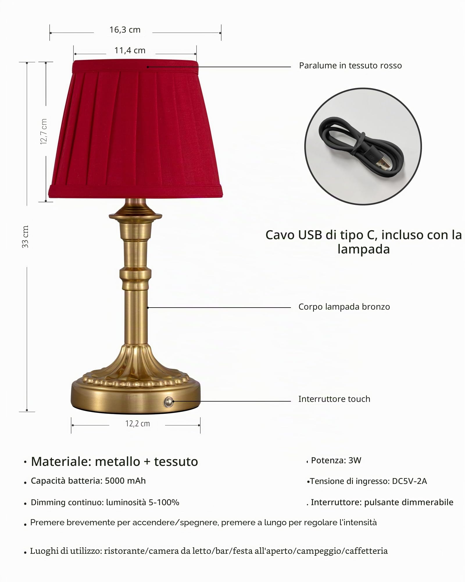 Set di 2 lampade da tavolo senza fili, piccola lampada da tavolo a LED con paralume in tessuto e batteria, lampada da comodino dimmerabile a tocco continuo per soggiorno, sala da pranzo