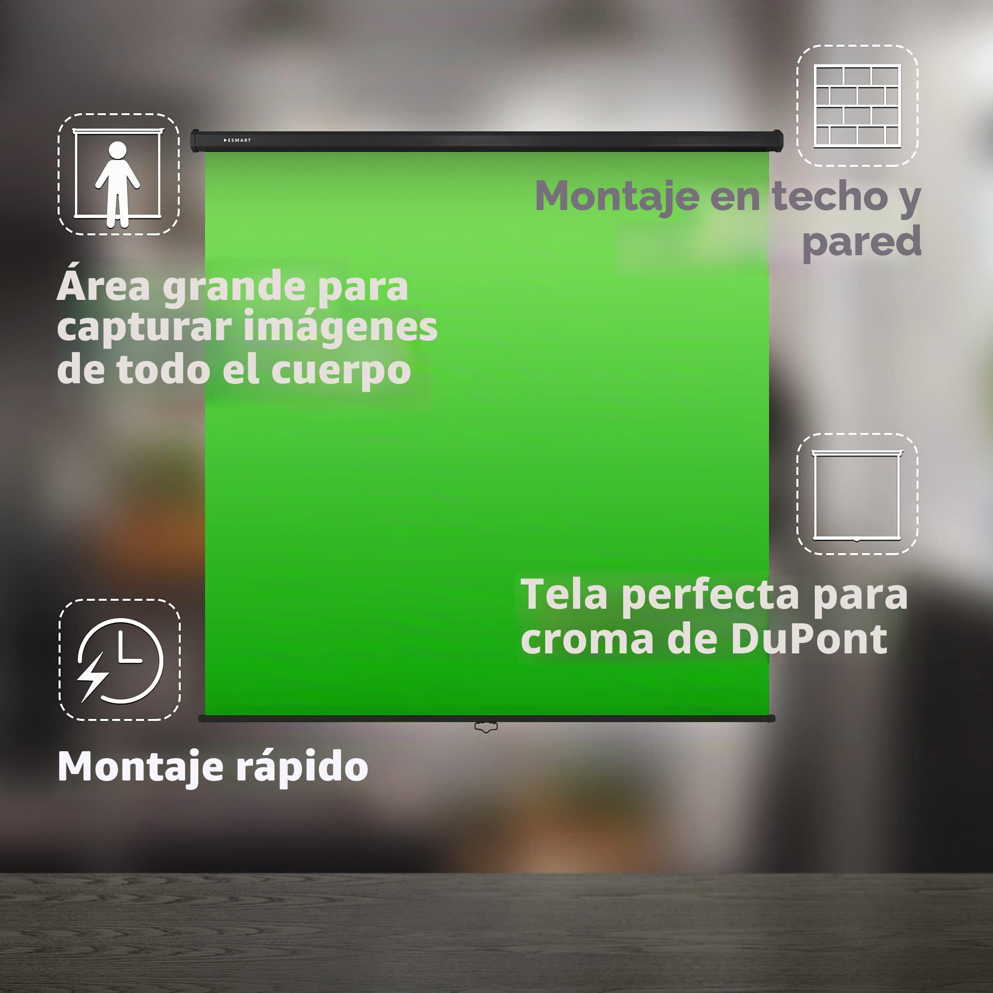 ESMART Enrollable Pantalla Verde (200 x 200 cm 1:1) Tela: Verde | Fondo croma, sistema enrollable compacto, montaje en pared y techo, ideal para fotografía y estudio virtual
