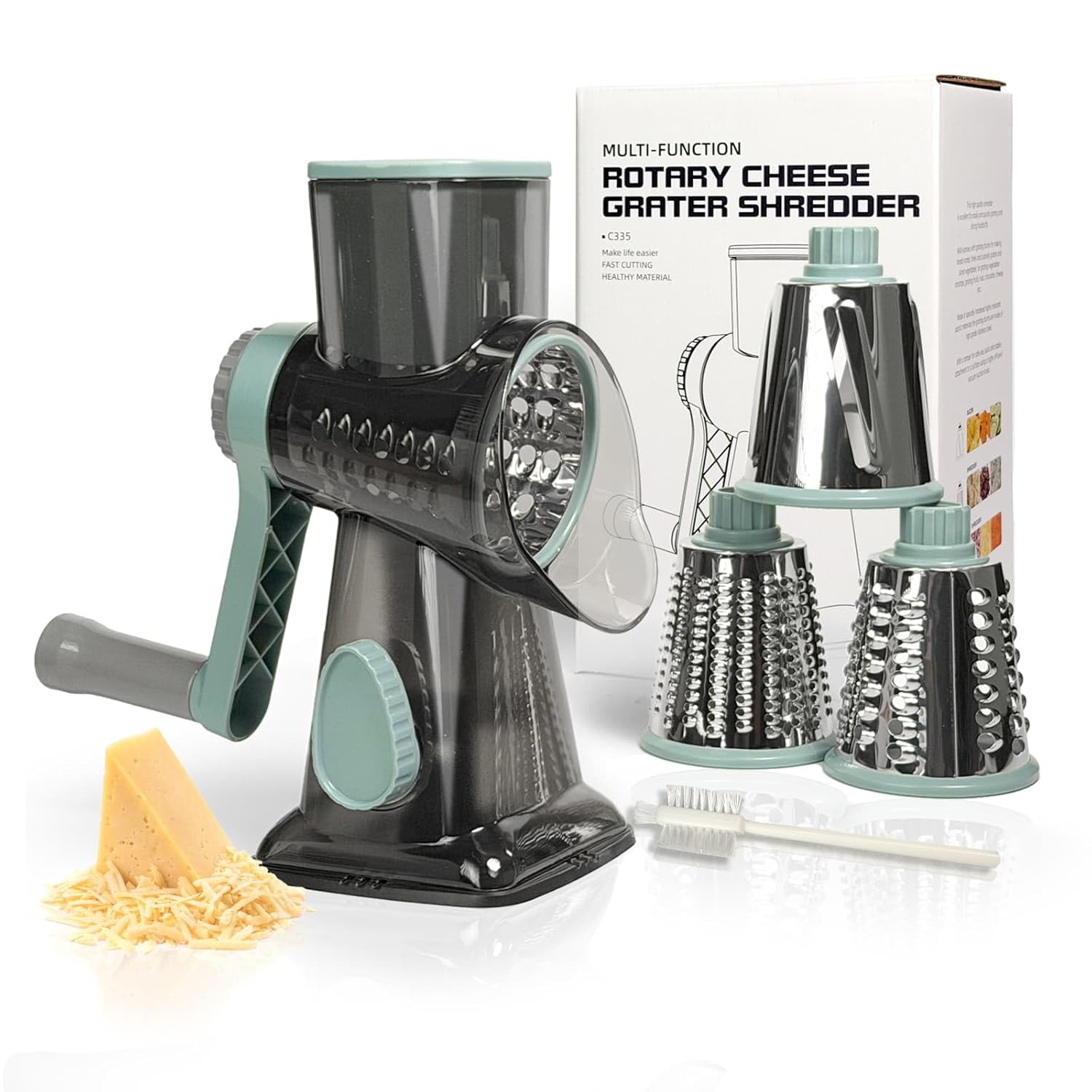 Cheese Grater Hand Crank Stainless Steel Cheese Shredder with Strong Suction Base Rotary Grater for Carrots Potatoes Vegetables