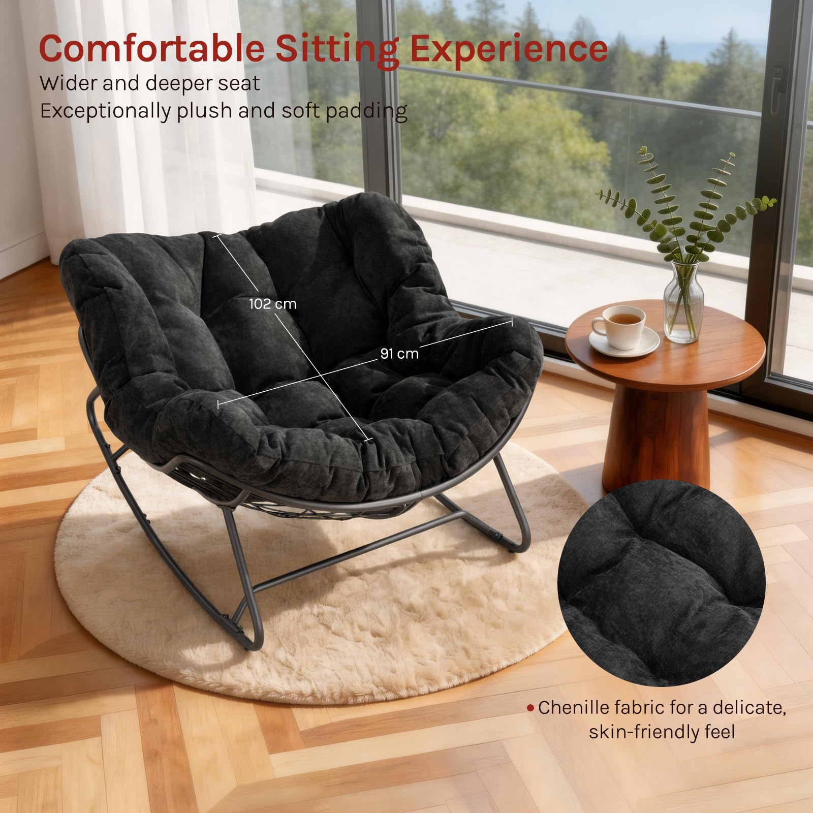 WOLTU Schaukelstuhl, eiförmiger Schaukelsessel Indoor | Chenille-Sitzkissen gepolstert, mit Metallrahmen, 150 kg belastbar, für Schlafzimmer Wohnzimmer, Schwarz