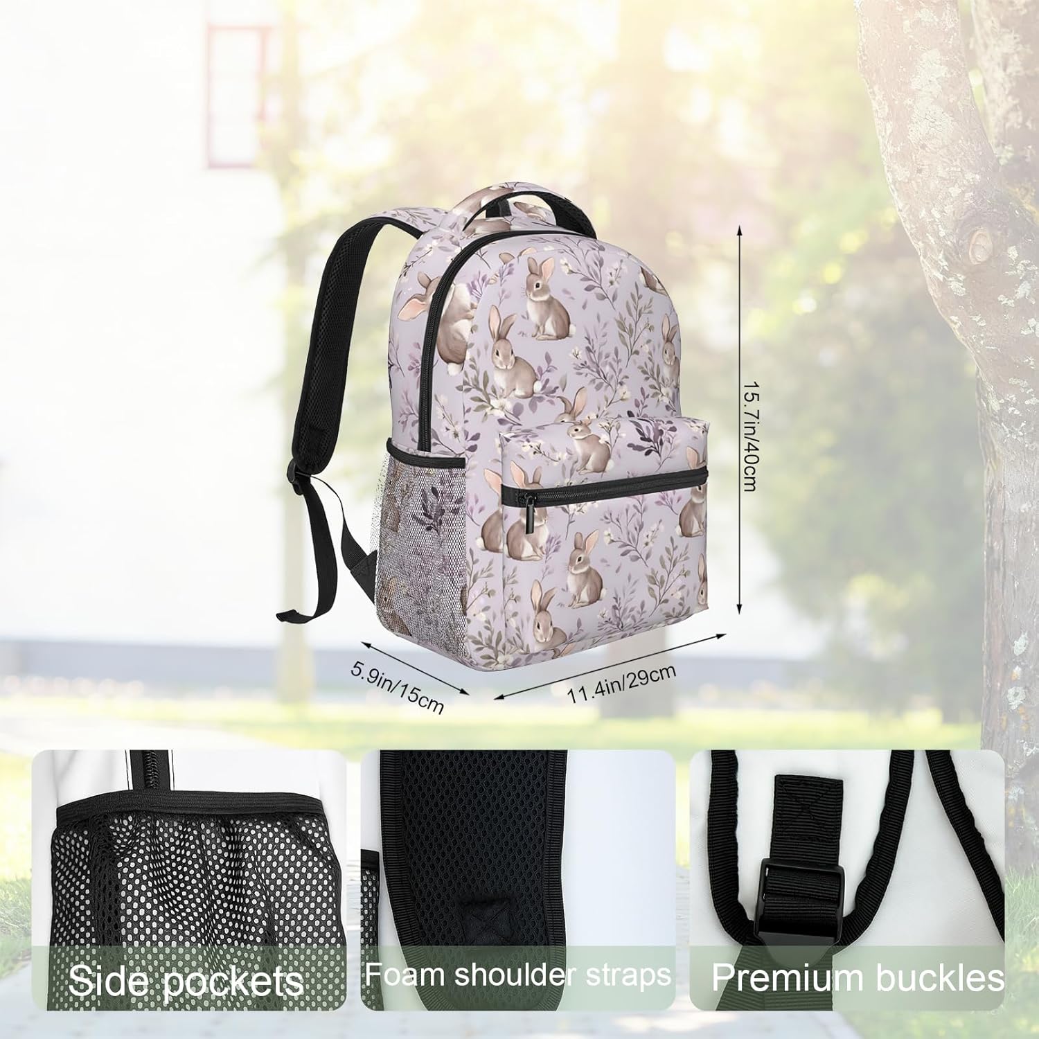 Cute Bunny Backpack, Purple Floral Design Polyester Backpacks with Straps, 11.4inx5.9inx15.7in, Multi-Pocket Storage Bookbag, Ideal For School Work Travel Hiking Camping, Girls Women Gifts
