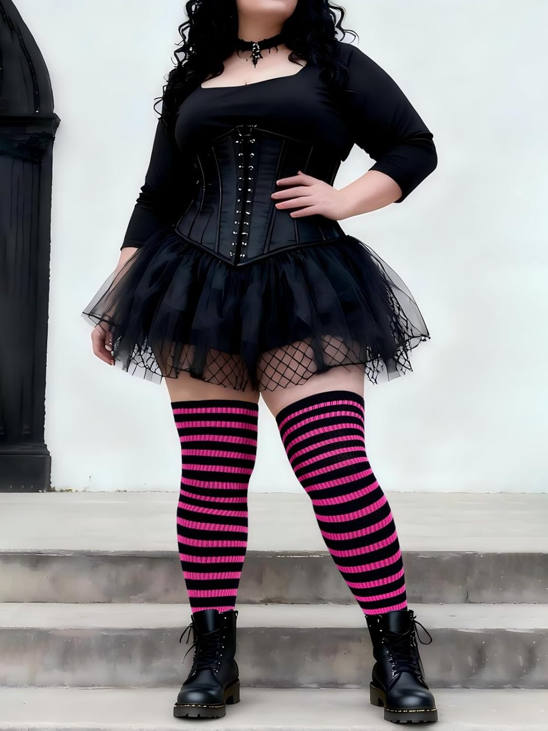 Moon Wood Plus Size Thigh High Socks for Women Knit Cotton Extra Long Striped Over the Knee High Socks Leg Warmers - Image 6